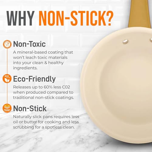 NutriChef 10-Inch Professional Ceramic Frying Pan With Lid - Medium Skillet with Golden Titanium Handle, Non-Stick Ceramic Coating, Stain-Resistant, Easy to Clean, Ideal for Home Cooking