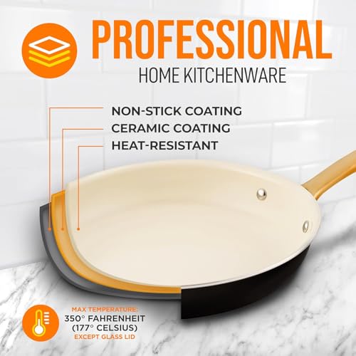 NutriChef 10-Inch Professional Ceramic Frying Pan With Lid - Medium Skillet with Golden Titanium Handle, Non-Stick Ceramic Coating, Stain-Resistant, Easy to Clean, Ideal for Home Cooking