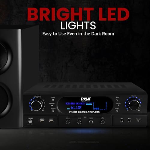 Pyle 500W 2-Channel Home Theater Amplifier Receiver - Bluetooth 5.3 - Wireless - MP3/USB/FM - 2 Mic Inputs with Echo/ Bass/ Treble Controls - RCA In/Out - for Streaming & Karaoke - PT90UBT
