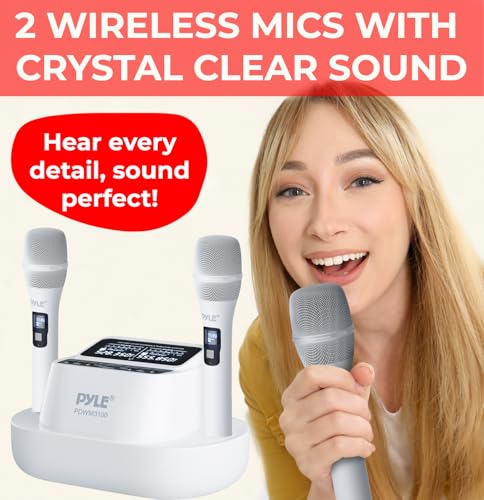 Pyle Wireless Microphones - UHF 2x100 Channel Receiver, Karaoke Microphone with DSP, High-Fidelity, Infrared Sync, Wireless Microphone System for Professional Singers, Stage & Artists