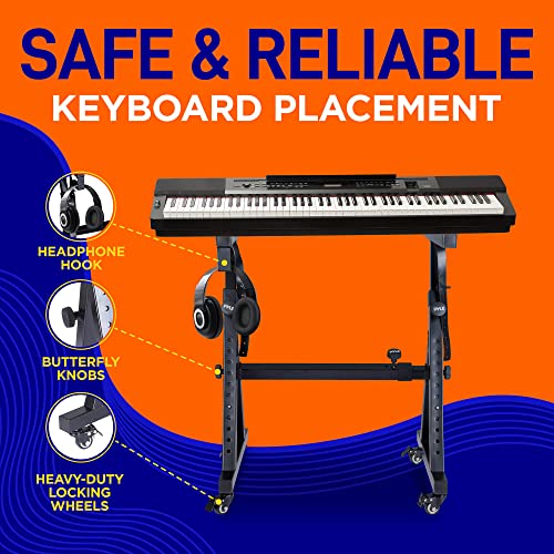 Pyle Universal Electronic Piano, Black Heavy-Duty Z Style Keyboard Stand with Locking Wheels, Adjustable Height and Width, Portable Organ Holder Rack, Collapsible Design (PKSTZ88)
