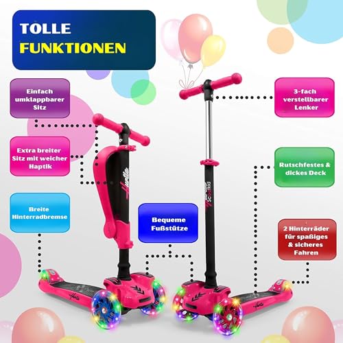 Hurtle Kids Scooter - Child Toddler Kick Scooter Toy with Foldable Seat - 3 Wheel Scooter with Adjustable Height, Anti-Slip Deck, Flashing Wheel Lights, for Boys/Girls 1-12 Year Old, Pink