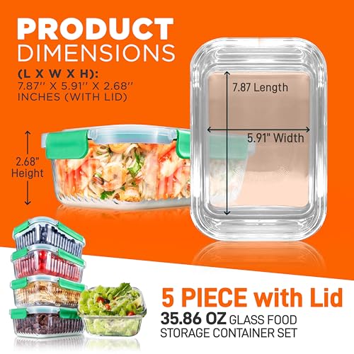 NutriChef 10-Piece Glass Food Storage Containers Set – (5 BPA-Free Airtight Meal Prep Containers with 5 Vented Locking Lids), Stackable & Oven Safe, Leakproof, Reusable, Freezer & Microwave Friendly