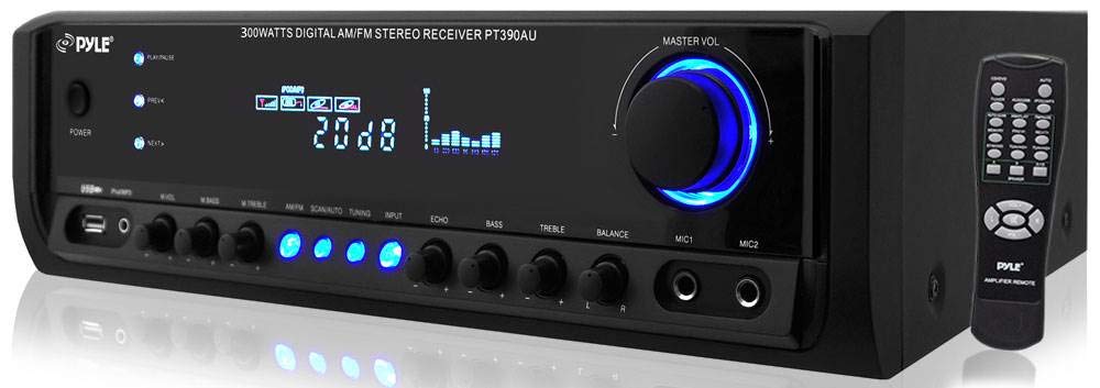 Home Audio Power Amplifier System - 300W 4 Channel Theater Power Stereo Sound Receiver Box Entertainment w/ USB, RCA, AUX, Mic w/ Echo, LED, Remote - For Speaker, iPhone, PA, Studio Use - Pyle PT390AU