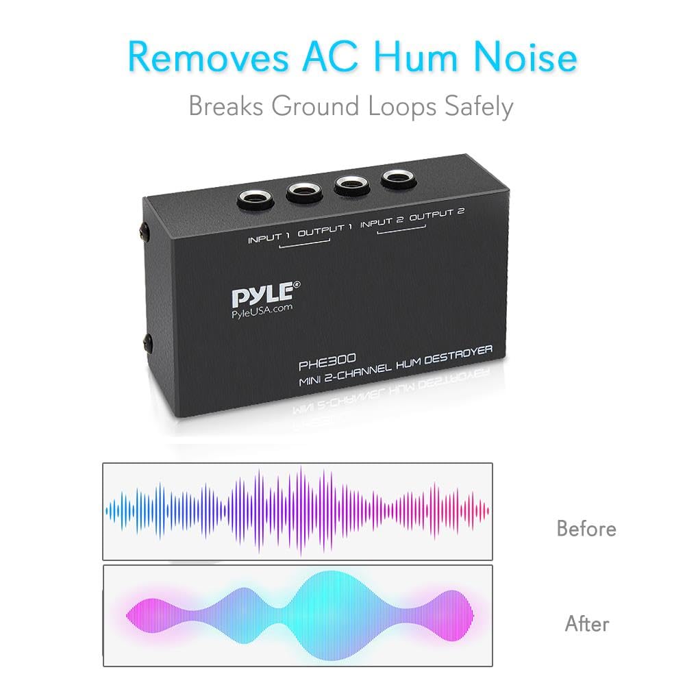 PYLE-PRO Compact Mini Hum Eliminator Box-2 Channel Passive Ground Loop Isolator, Noise Filter, AC Buzz Destroyer, Hum Killer w/ 2 1/4-Inch TRS Input and Output for 2 Mono /1 Stereo Signal