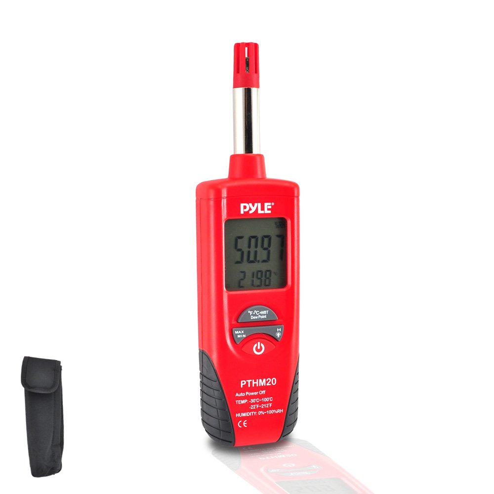 Pyle Meters Indoor Humidity and Temperature Monitor-Portable Digital Hygrometer Thermometer, Moisture Temperature and Humidity Sensor Gauge w/ Dew Point, Wet Bulb Temperature Meter Tester PTHM20 (Red)