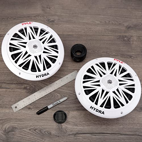Pyle Marine Speakers, Waterproof, Weather Resistant, 8 Inch Dual, 10 Inch Outer Frame, 300 Watt Power, Poly Carbon Cone, Cloth Surround, Includes Mounting Hardware and Wires, White, PLMR82