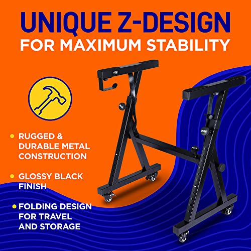 Pyle Universal Electronic Piano, Black Heavy-Duty Z Style Keyboard Stand with Locking Wheels, Adjustable Height and Width, Portable Organ Holder Rack, Collapsible Design (PKSTZ88)