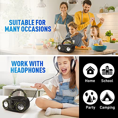 PYLE CD PLAYER PORTABLE, CD PLAYERS FOR HOME, PORTABLE CD PLAYER - 50 Watts Max Power, Bluetooth 5.0, AM/FM Stereo Radio, USB/AUX Input, Battery/AC Powered, Camouflage Design, Includes AC/DC Cord