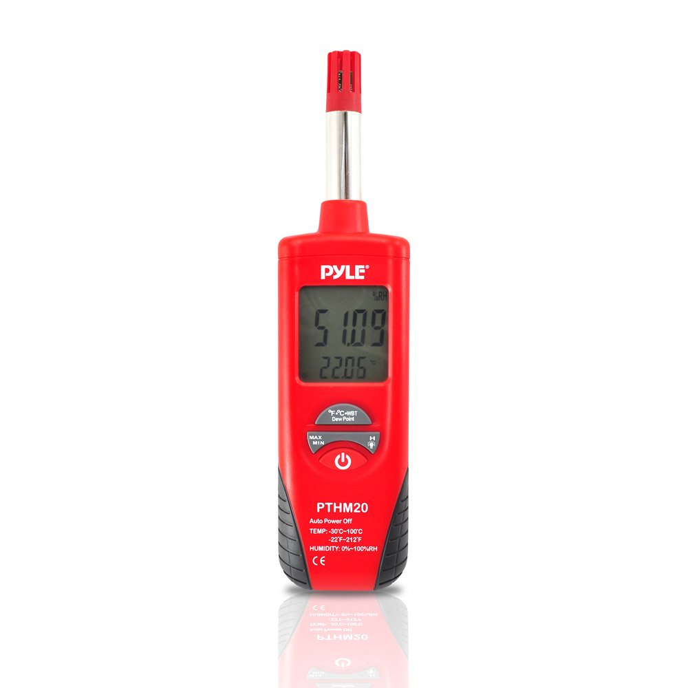 Pyle Meters Indoor Humidity and Temperature Monitor-Portable Digital Hygrometer Thermometer, Moisture Temperature and Humidity Sensor Gauge w/ Dew Point, Wet Bulb Temperature Meter Tester PTHM20 (Red)