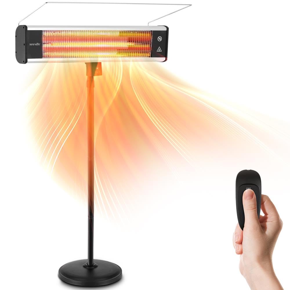 SereneLife Infrared Patio Heater 1500W Electric Heater Indoor/Outdoor Use, Portable Stand with Remote Control, IP65 Approved, 360° Tip-Over Safety Switch for Restaurant, Patio, Backyard, Garage, Decks