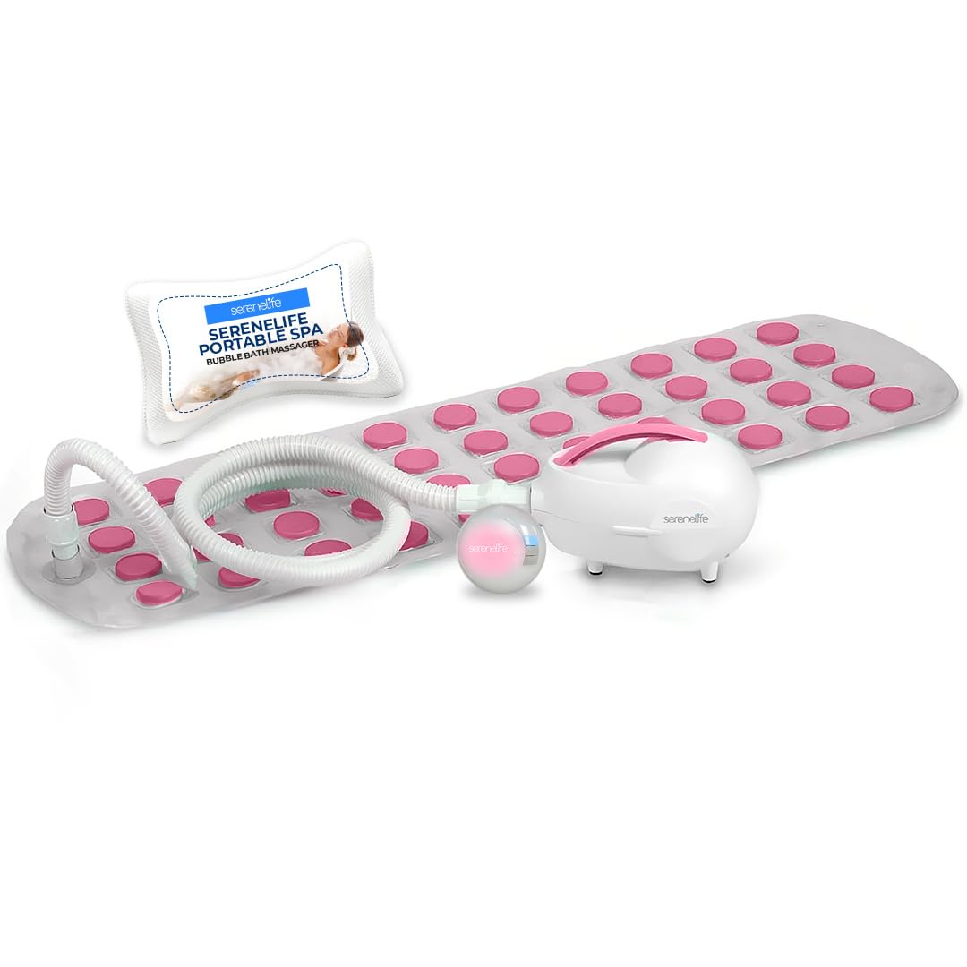 SereneLife Bubble Bath Mat - Portable Spa Bubble Bath Massager with Waterproof Bath Light & Pillow, Adjustable Bubble Intensity, Easy Button Control, Remote Control (Pink)