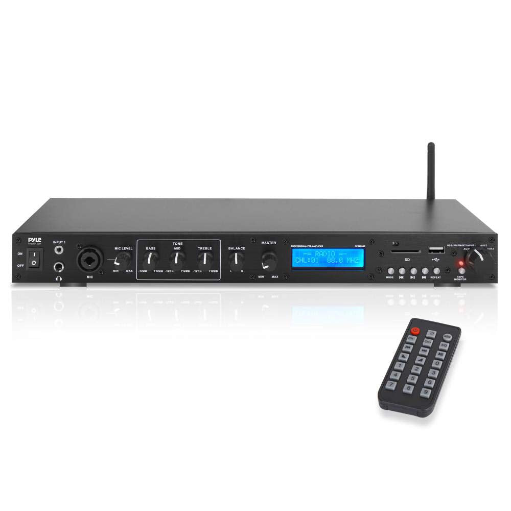 Pyle Rack Mount Studio Pre-Amplifier - Audio Receiver System w/ Digital LCD Display Bluetooth FM Radio Recording Mode Remote Control USB Flash or SD Card Reader Input and Output Jack - PPRE70BT