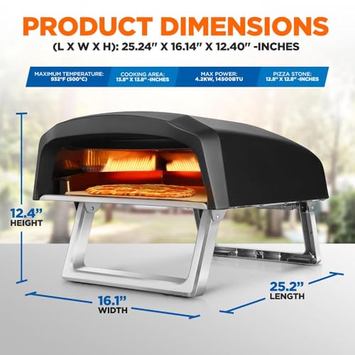NutriChef Portable Outdoor Gas Pizza Oven - Includes Foldable Feet, Adjustable Heat Control Dial, Burner, Stone & Regulator Hose - Cooks 12" Pizza in 60 Seconds - 25.24'' x 16.14'' x 12.40'' IN