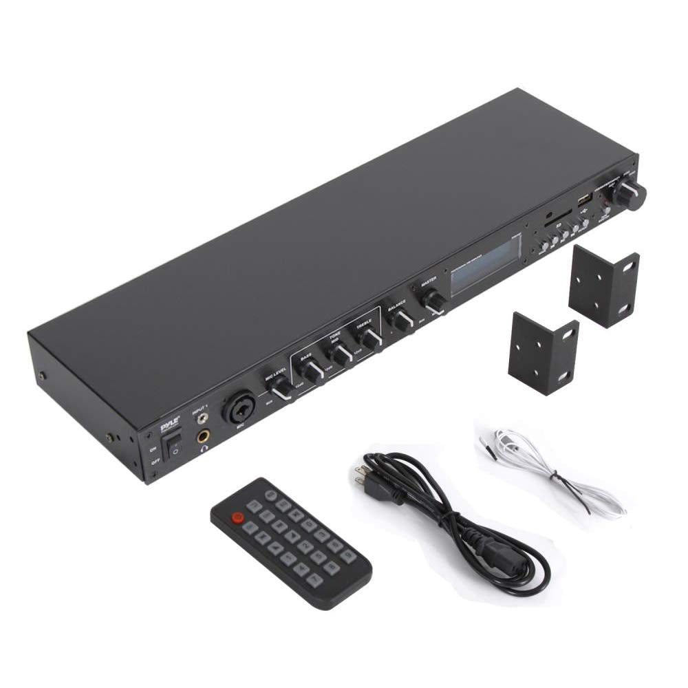 Pyle Rack Mount Studio Pre-Amplifier - Audio Receiver System w/ Digital LCD Display Bluetooth FM Radio Recording Mode Remote Control USB Flash or SD Card Reader Input and Output Jack - PPRE70BT