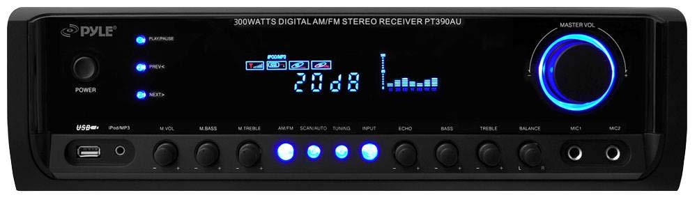 Home Audio Power Amplifier System - 300W 4 Channel Theater Power Stereo Sound Receiver Box Entertainment w/ USB, RCA, AUX, Mic w/ Echo, LED, Remote - For Speaker, iPhone, PA, Studio Use - Pyle PT390AU