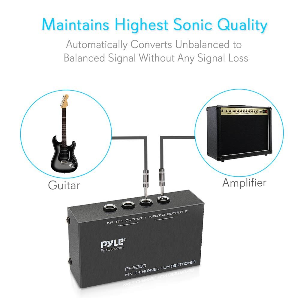 PYLE-PRO Compact Mini Hum Eliminator Box-2 Channel Passive Ground Loop Isolator, Noise Filter, AC Buzz Destroyer, Hum Killer w/ 2 1/4-Inch TRS Input and Output for 2 Mono /1 Stereo Signal