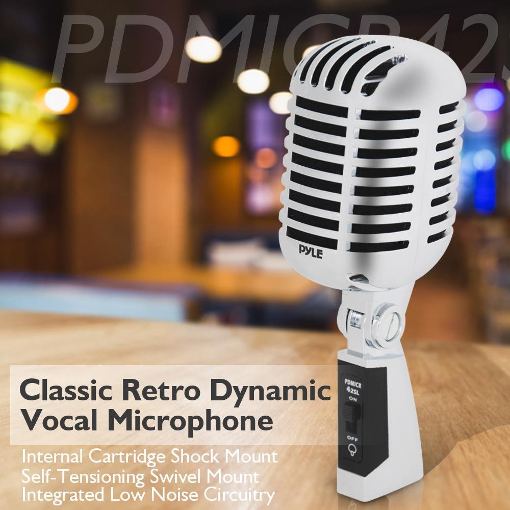 Pyle Classic Retro Dynamic Vocal Microphone - Old Vintage Style Unidirectional Cardioid Mic with XLR Cable - Universal Stand Compatible - Live Performance In Studio Recording - PDMICR42SL (Silver)