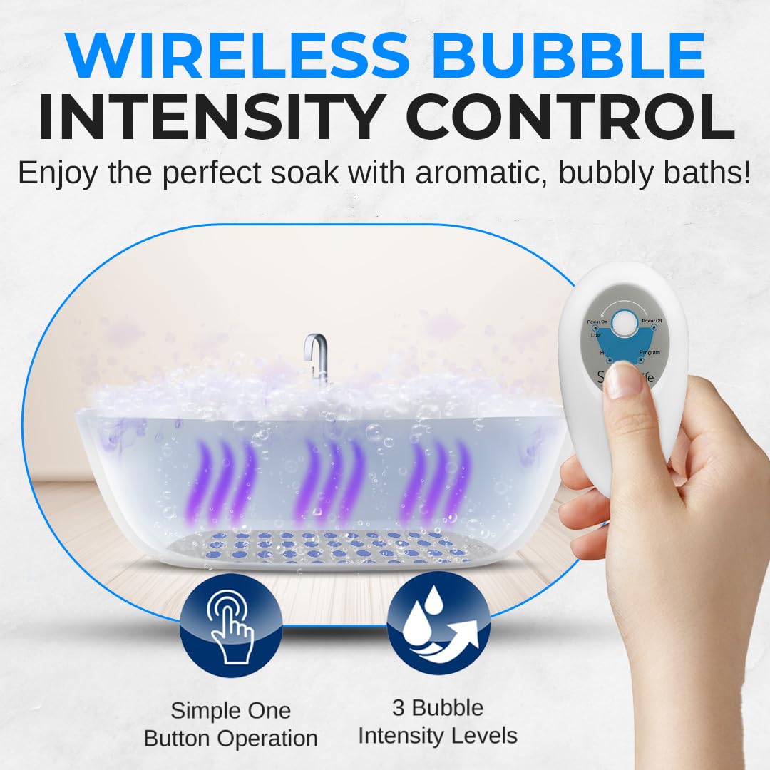 SereneLife Bubble Bath Mat, Non-Slip Bathtub Mat with Remote Control, Waterproof, Cushioned Design, Adjustable Bubbles, 8.2’ Air Hose and 47” x 14.2” Mold-Resistant Full Body Spa Massager