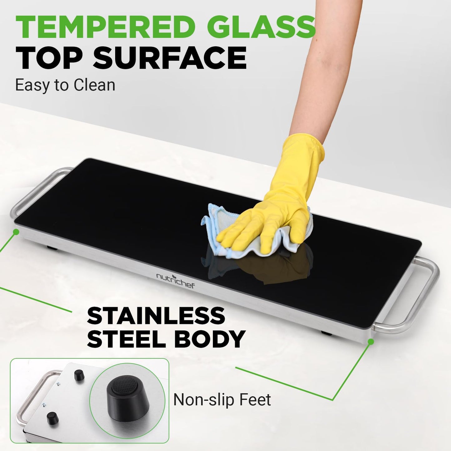 NutriChef Portable Electric Food Hot Plate-Stainless Steel Warming Tray&Dish Warmer with Black Glass Top-Keep Food Warm for Buffets,Restaurants,Parties&Home Dinners-22' x 6'-Heats up to 203°F