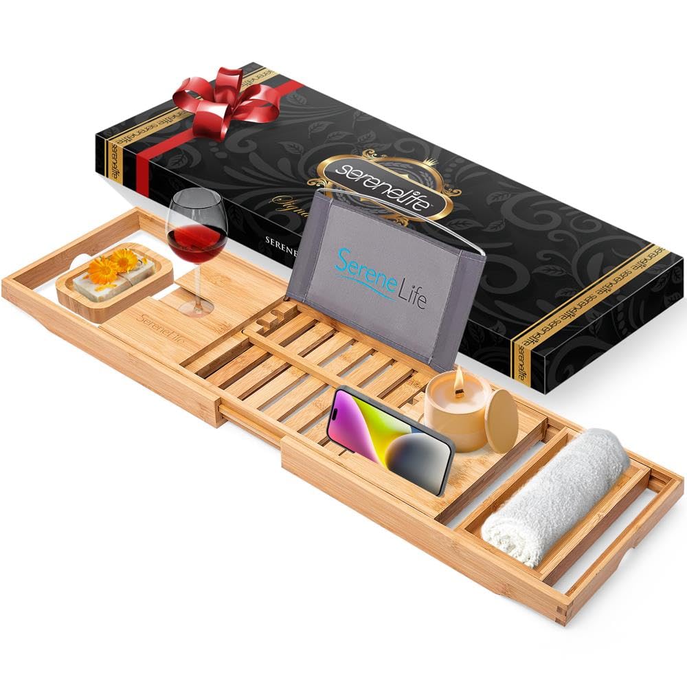 SereneLife Bamboo Bathtub Caddy with Luxury Gift Box and Red Gifting Ribbon Extendable & Adjustable Tray with Device/Book Holder with Removable Trays for Bath Accessories (Natural)