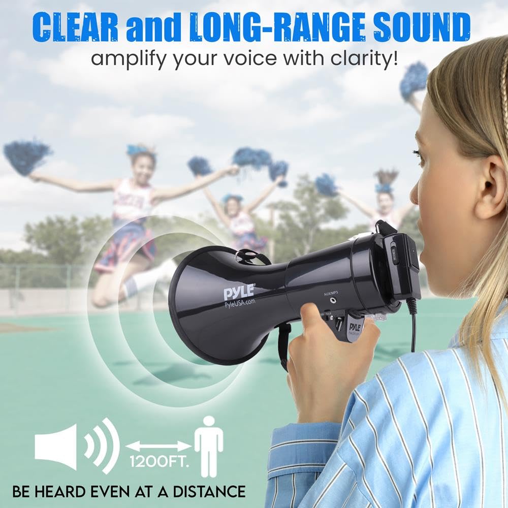 PYLE-PRO 50W Megaphone Speaker PA Bullhorn, Black Aux Input, Adjustable Volume, Siren, 35mm Aux Input, Ideal for Sports Events & Emergency Drills- PMP53IN