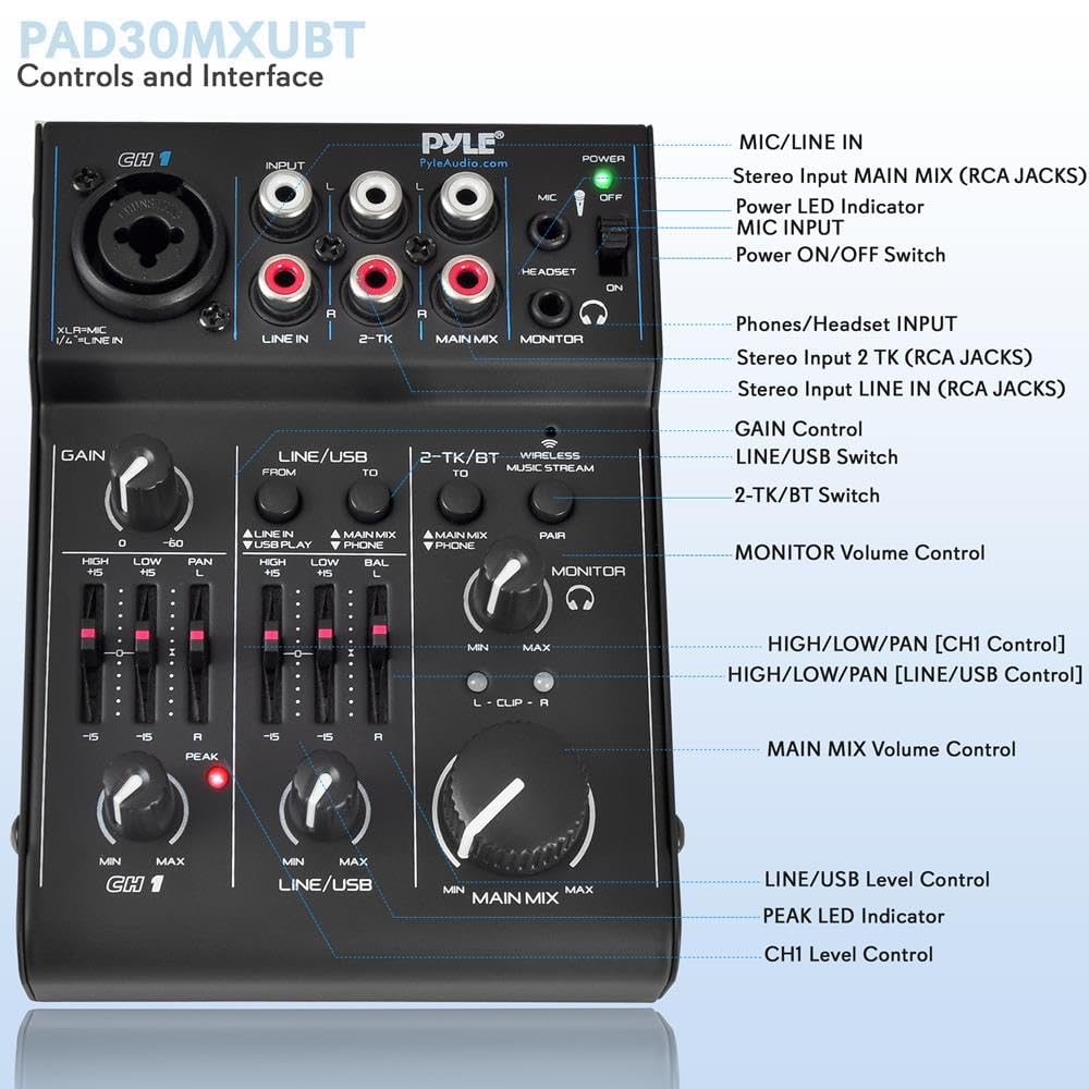 Pyle 3-Channel Bluetooth Audio Mixer - DJ Sound Controller w/ USB Soundcard for PC Recording - XLR - 3.5mm Mic Jack - 18V Phantom Power - RCA I/O - LED Indicators - Beginner & Studio Use - PAD30MXUBT