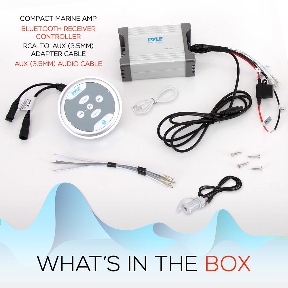 Pyle Waterproof Bluetooth Marine Amplifier Receiver - Weatherproof 2 Channel Wireless Amp for Stereo Speaker with 600 Watt Power, Wired RCA, AUX and MP3 Audio Input Cable, Silver