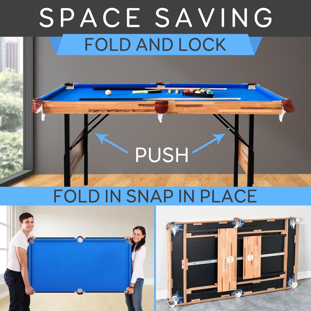 SereneLife 4.5ft Folding Pool Table, 55in Portable Foldable Billiards Game Table for Kids and Adults with Accessories, Indoor and Outdoor Games with Sticks, Cue, Balls and Triangle, Blue
