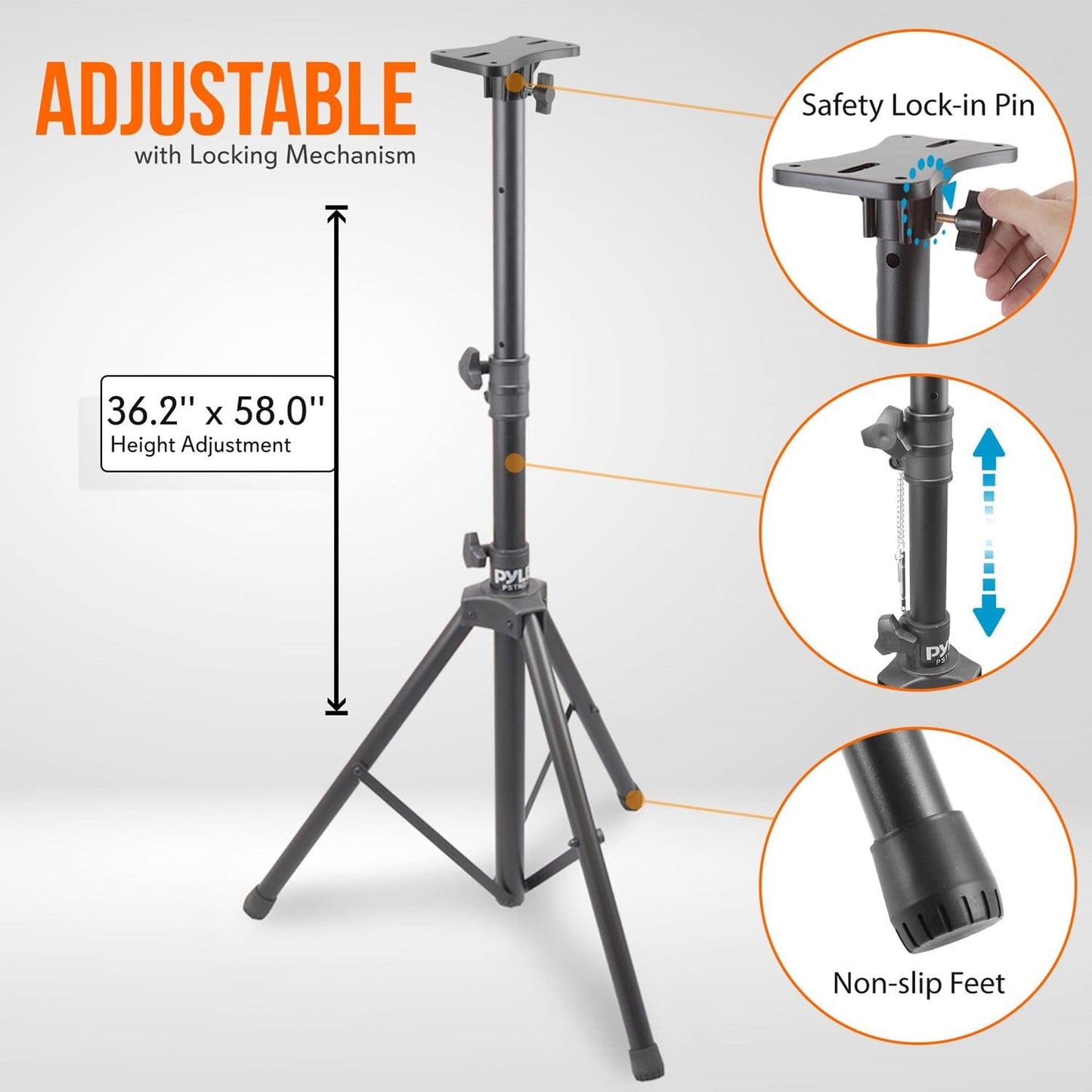 Pyle Tripod Speaker Stand, 33.9"x31.5"x58.0” Inch Adjustable Holder Mount, Durable Steel Design, Universal 35mm Compatibility, Safety Lock Pin, Foldable for Storage, Ideal for Large Speakers