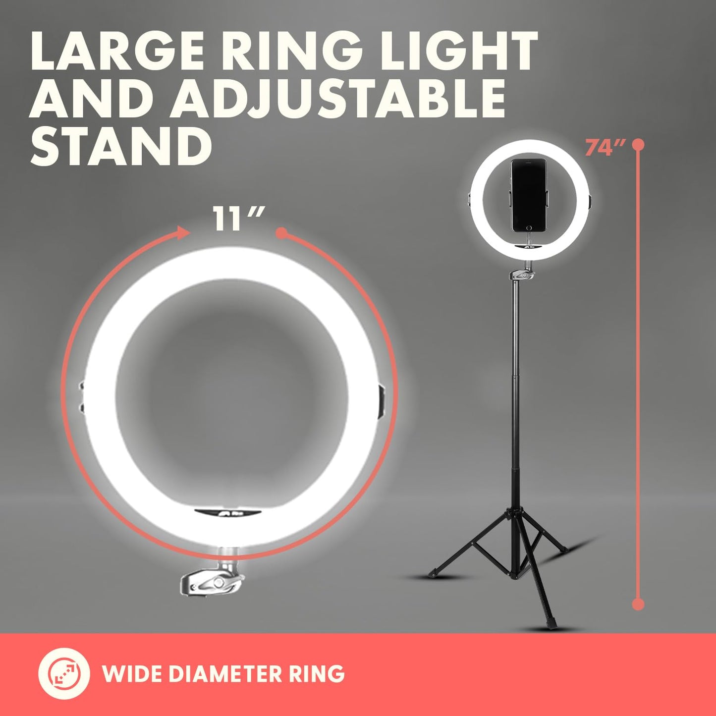 SQUATZ 11’’ LED 12W Selfie Ring Light R11 with Wired Control, Tripod Stand with 6 Sections, Phone Holder, Adjustable Brightness Levels for Influencers, YouTube, TikTok, and Barbers.