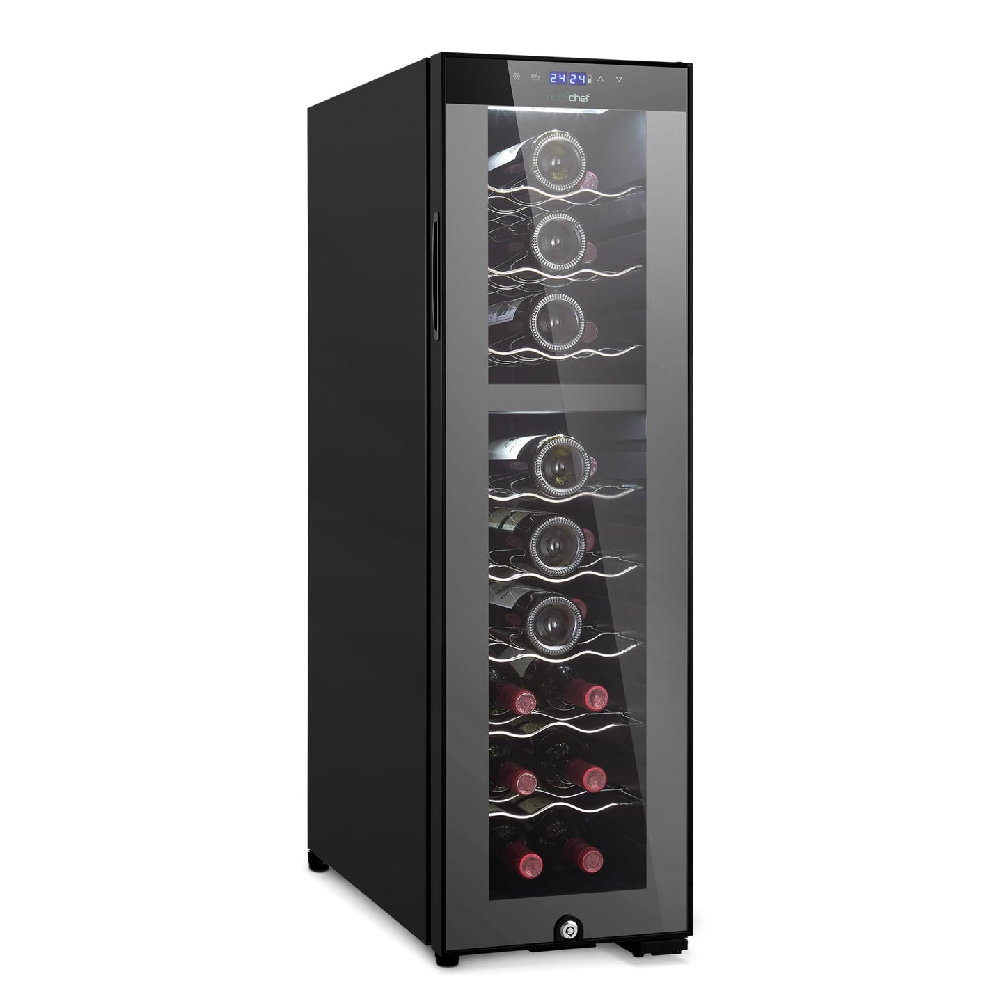 NutriChef PKCWCDS245 24 Bottle Fridge | Dual Zone Chiller | Adjustable Temperature 41°F to 64°F | Ultra Quiet Operation | Wine Cooler for Home, & Office | Free Standing 39x11x23 in (Black)