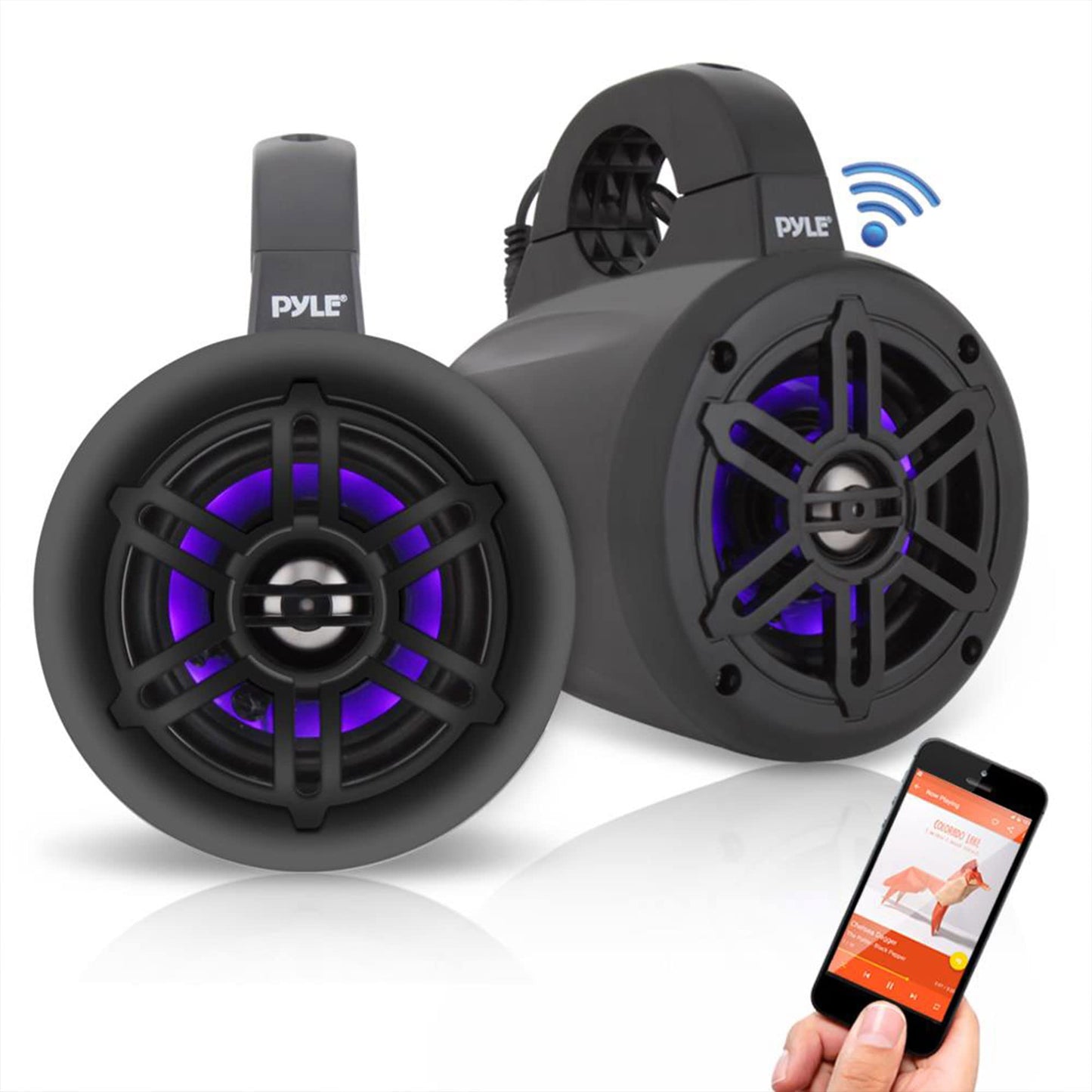 Pyle Waterproof Marine Wakeboard Tower Speakers - 4 Inch Dual Subwoofer Speaker Set w/LED Lights & Bluetooth for Wireless Music Streaming - Boat Audio System w/Mounting Clamps PLMRLEWB47BB