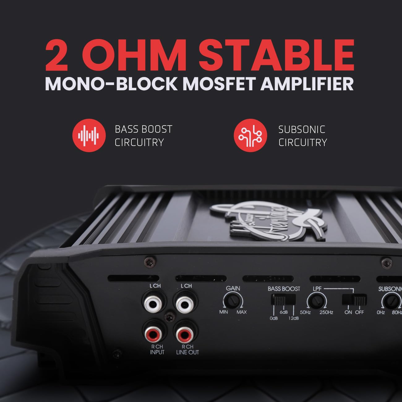 Lanzar 2000W Monoblock Car Audio Amp - 2-Ohm Stable Mosfet Amplifier, Class AB, Electronic Crossover, Bass Boost, Subsonic Circuit, Chrome RCA Inputs, Line Output, 5-Way Protection - Soft Turn On/Off