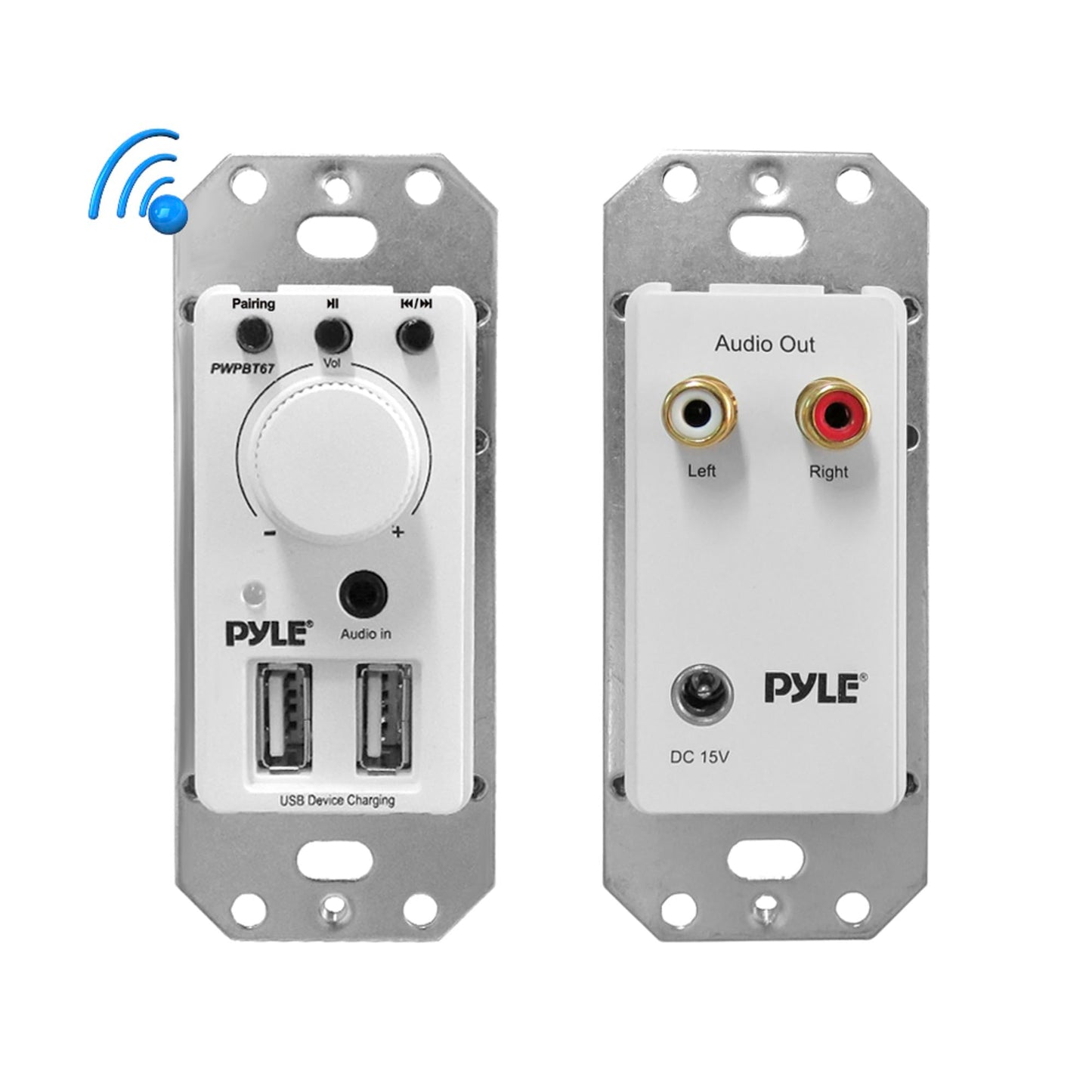 Pyle Bluetooth Receiver Wall Mount - In-Wall Audio Control Receiver w/ Dual USB Charging Port, 3.5mm AUX Input for Sound Systems - For Home Theater Entertainment - Includes DC Power Adaptor - PWPBT67