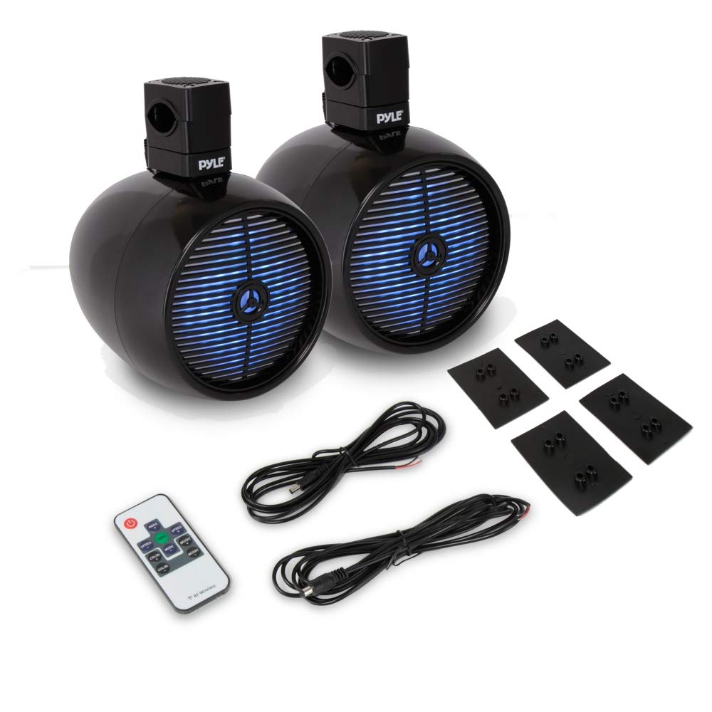 Pyle Marine Speakers - 8 Inch Waterproof IP44 Rated Wakeboard Tower and Weather Resistant Outdoor Audio Stereo Sound System with Built-in LED Lights - 1 Pair in Black (PLMRWB858LE)