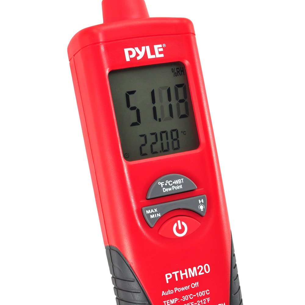 Pyle Meters Indoor Humidity and Temperature Monitor-Portable Digital Hygrometer Thermometer, Moisture Temperature and Humidity Sensor Gauge w/ Dew Point, Wet Bulb Temperature Meter Tester PTHM20 (Red)
