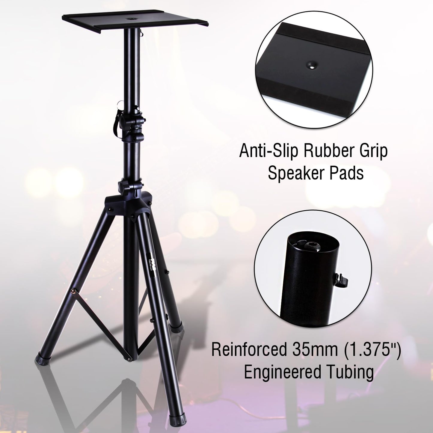 Pyle Adjustable Speaker Stand Pair – Dual Studio Monitor Tripod with Metal Base, Anti-Slip Speaker Pads, Height Adjustment from 34” to 53” – Ideal for Home, Studio, and DJ Use, 90 lbs Weight Capacity