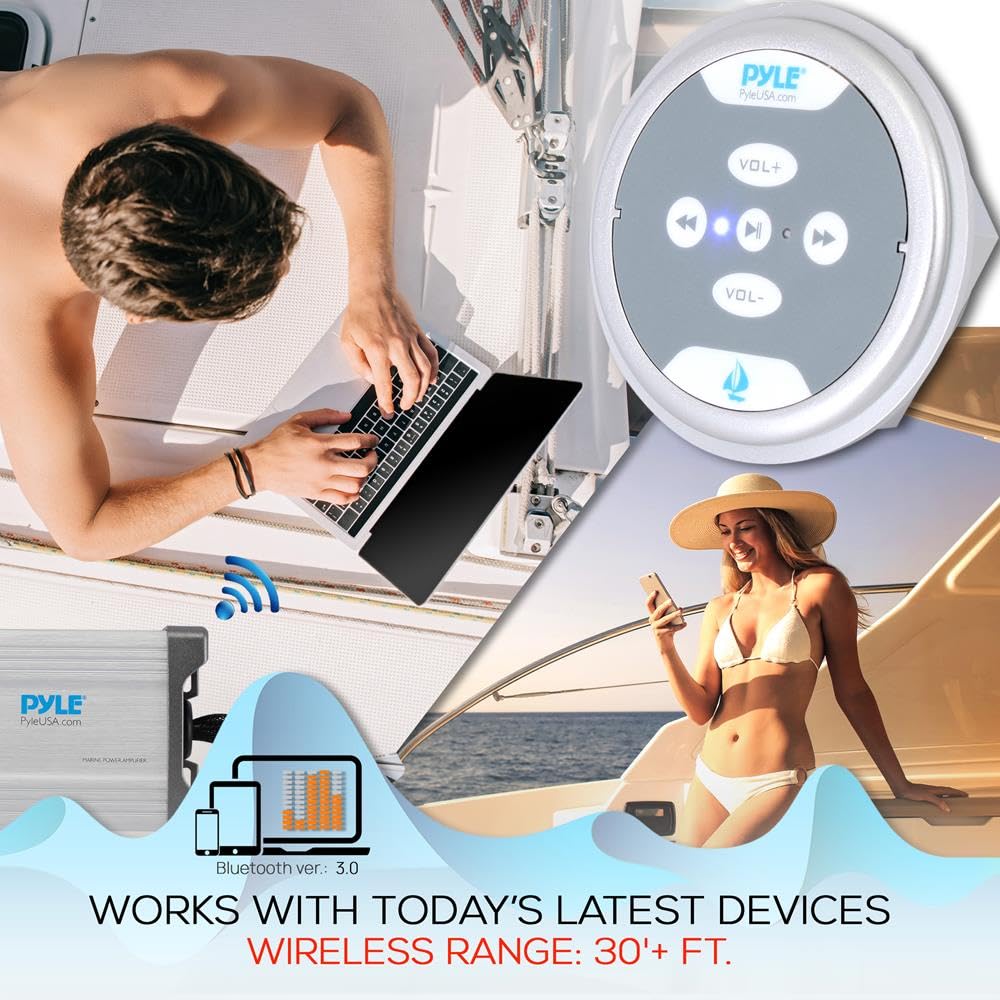 Pyle Waterproof Bluetooth Marine Amplifier Receiver - Weatherproof 2 Channel Wireless Amp for Stereo Speaker with 600 Watt Power, Wired RCA, AUX and MP3 Audio Input Cable, Silver