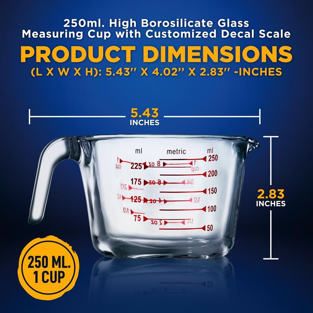 NutriChef High Borosilicate Glass Measuring Cup with Customized Decal Scale, 250 ml, Safe to Use in Microwave and Freezer, Oven and Dishwasher Safe, Clear