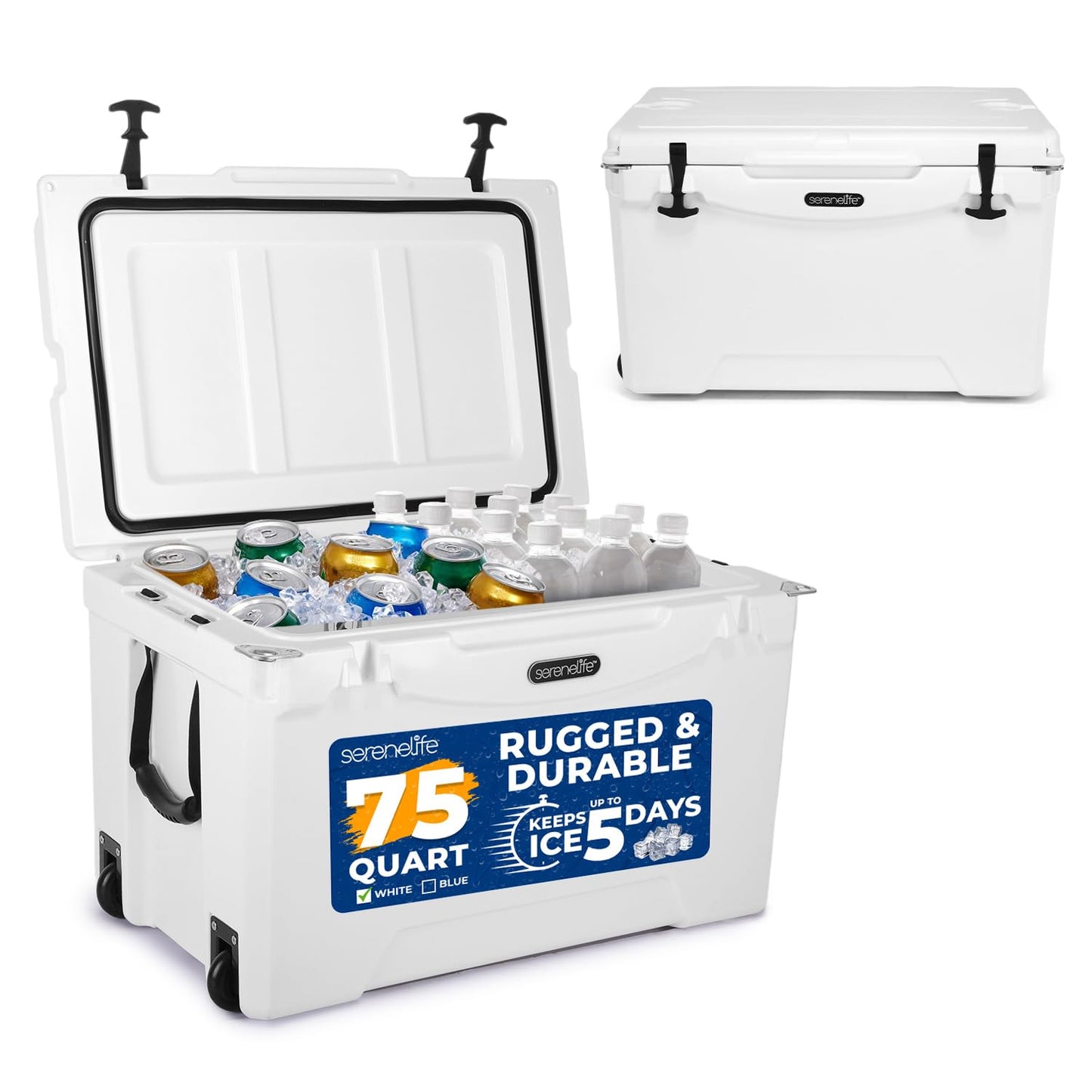 SereneLife 75-Quart Heavy-Duty Portable Cooler Box – Holds 63 Cans, 2L Bottles Upright – 5-Day Ice Retention – Rugged Ice Chest for Camping, Tailgating, Fishing, Beach & Outdoor Use (White)