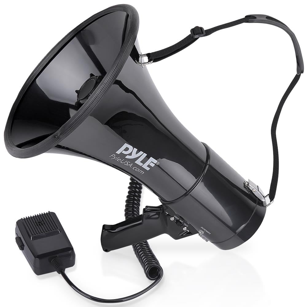 PYLE-PRO 50W Megaphone Speaker PA Bullhorn, Black Aux Input, Adjustable Volume, Siren, 35mm Aux Input, Ideal for Sports Events & Emergency Drills- PMP53IN