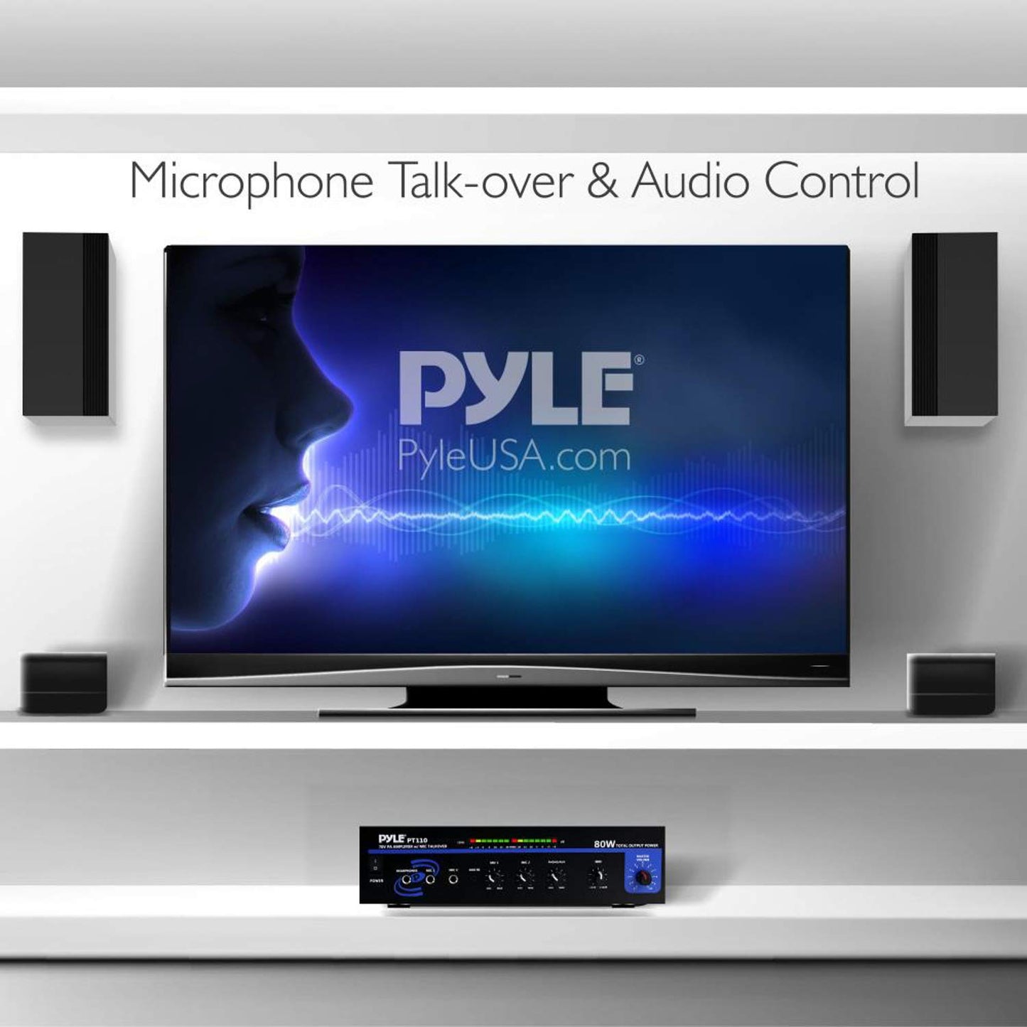 Pyle 80W Compact PA Mono Amplifier - Professional Mini Audio Receiver with 2 Mic Inputs/RCA /AUX/Headphone Jack - Bluetooth 5.0 - Independent Volume Control - for Public Address & Home Use - PT110