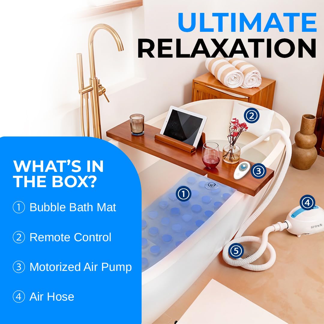 SereneLife Bubble Bath Mat, Non-Slip Bathtub Mat with Remote Control, Waterproof, Cushioned Design, Adjustable Bubbles, 8.2’ Air Hose and 47” x 14.2” Mold-Resistant Full Body Spa Massager