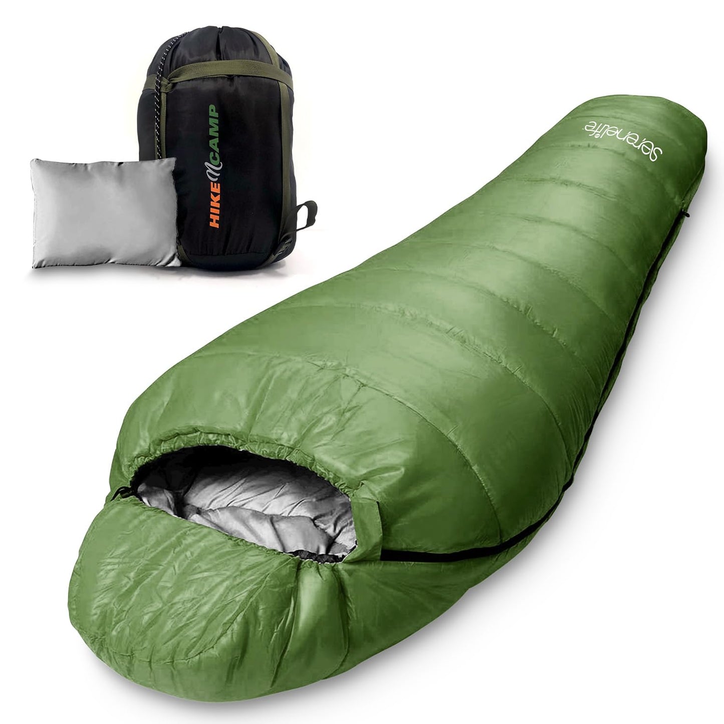 SereneLife Mummy Sleeping Bag with Travel Pillow – Lightweight 4-Season Sleeping Bag for Adults & Kids, Compact Compression Sack, 210T Waterproof Shell, Washable, for Camping, Hiking, Outdoor Use