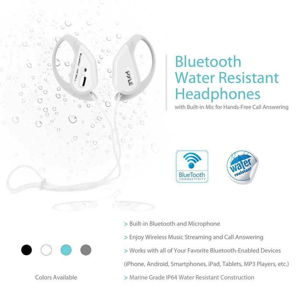 Pyle PWBH18WT Water Resistant Bluetooth Streaming Wireless Headphones with Built-in Microphone, White