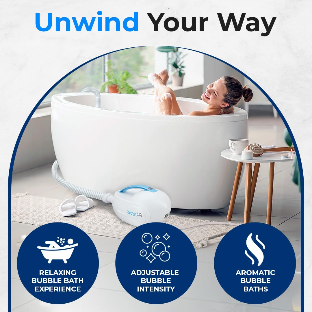 SereneLife Bubble Bath Mat, Non-Slip Bathtub Mat with Remote Control, Waterproof, Cushioned Design, Adjustable Bubbles, 8.2’ Air Hose and 47” x 14.2” Mold-Resistant Full Body Spa Massager