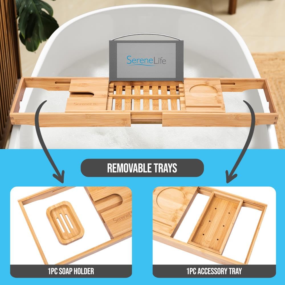 SereneLife Bamboo Bathtub Caddy with Luxury Gift Box and Red Gifting Ribbon Extendable & Adjustable Tray with Device/Book Holder with Removable Trays for Bath Accessories (Natural)