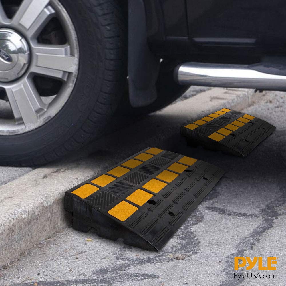 Pyle Car Vehicle Curbside Driveway Ramp - 2PC Heavy Duty Rubber Threshold Bridge Track Curb Ramp, For Loading Dock, Garage, Sidewalk, Truck, Scooter, Bike, Motorcycle, Wheelchair Mobility