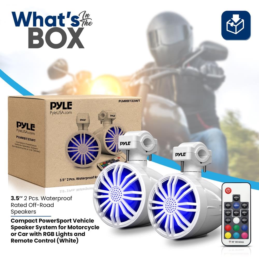 Pyle Bluetooth Waterproof Off-Road Speakers - 3.5” 40W Marine Grade Woofer Sound System w/RGB Light, Full Range Outdoor Audio Stereo Speaker for Motorcycle, ATV, Jeep, Boat, Includes Brackets (White)